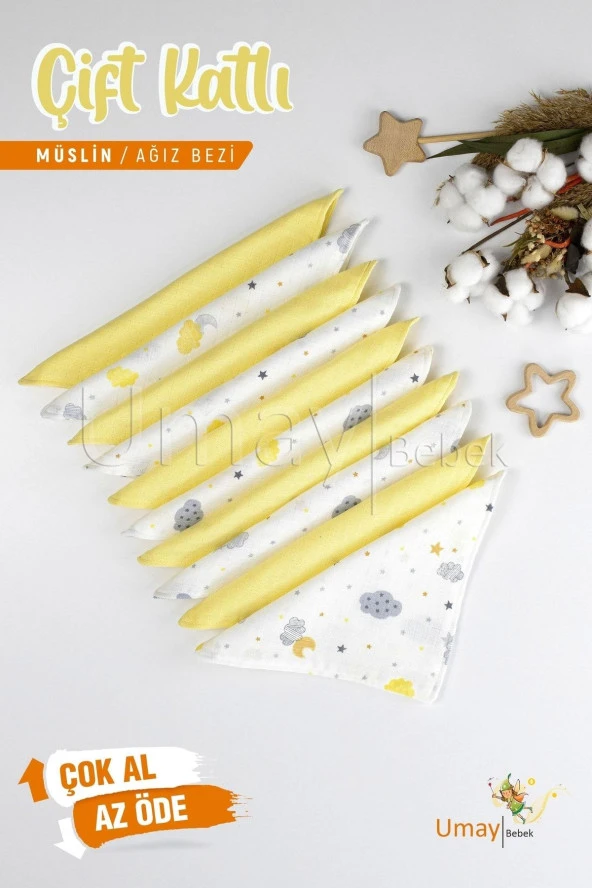 Umaybebek 10'lu Müslin Ağız Bezi Mendili 25x25cm-Sarı Bulut ürün görseli 1