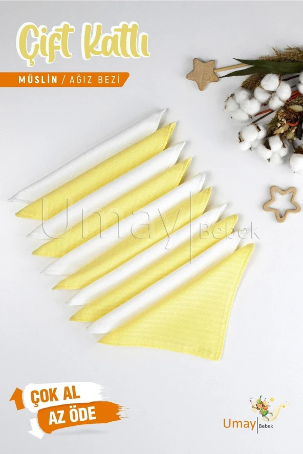 Umaybebek 10'lu Müslin Ağız Bezi Mendili 25x25cm-Sarı Beyaz ürün görseli 1