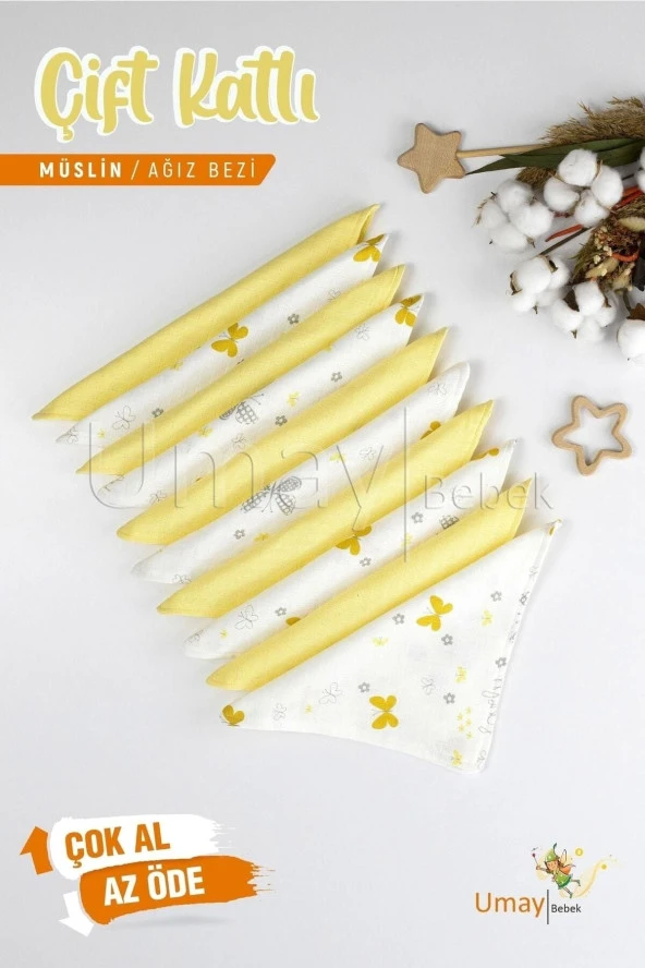 Umaybebek 10'lu Müslin Ağız Bezi Mendili 25x25cm-Sarı Kelebek ürün görseli 1