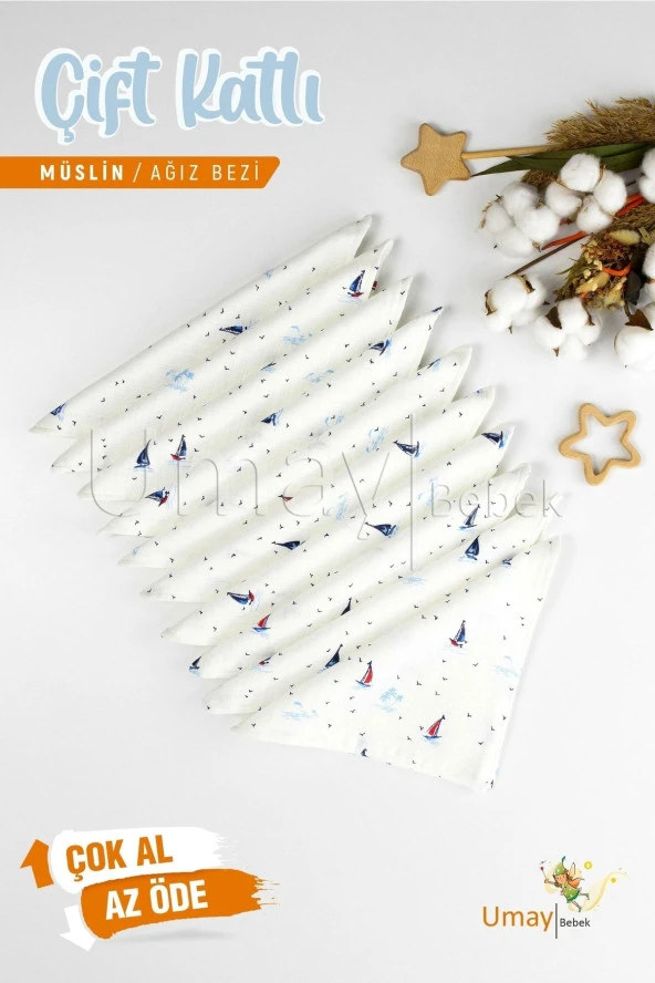Umaybebek 10'lu Müslin Ağız Bezi Mendili 25x25cm-Yelken ürün görseli 1