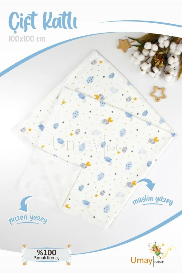 Umaybebek 100x100 Cm, Organik Çift Katlı Müslin Bebek Pikesi, Battaniyesi-Mavi Bulut ürün görseli 1