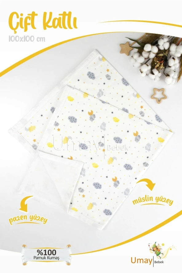 Umaybebek 100x100 Cm, Organik Çift Katlı Müslin Bebek Pikesi, Battaniyesi-Sarı Bulut ürün görseli 1
