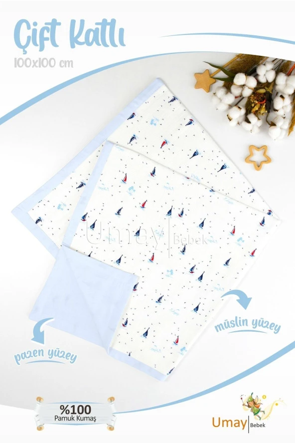 Umaybebek 100x100 Cm, Organik Çift Katlı Müslin Bebek Pikesi, Battaniyesi-Mavi Yelken ürün görseli 1