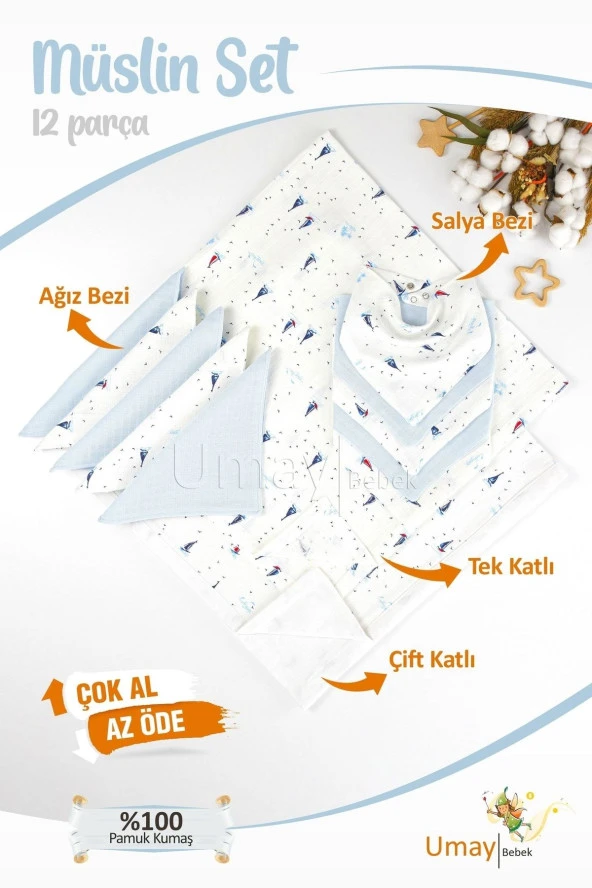 Umaybebek 12 Parça Organik Müslin Bebek Pikesi, Battaniyesi, Ağız Bezi, Salya Bezi, Önlük-Yelken ürün görseli 1