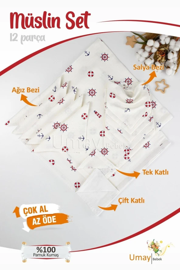 Umaybebek 12 Parça Organik Müslin Bebek Pikesi, Battaniyesi, Ağız Bezi, Salya Bezi, Önlük-Dümen ürün görseli 1