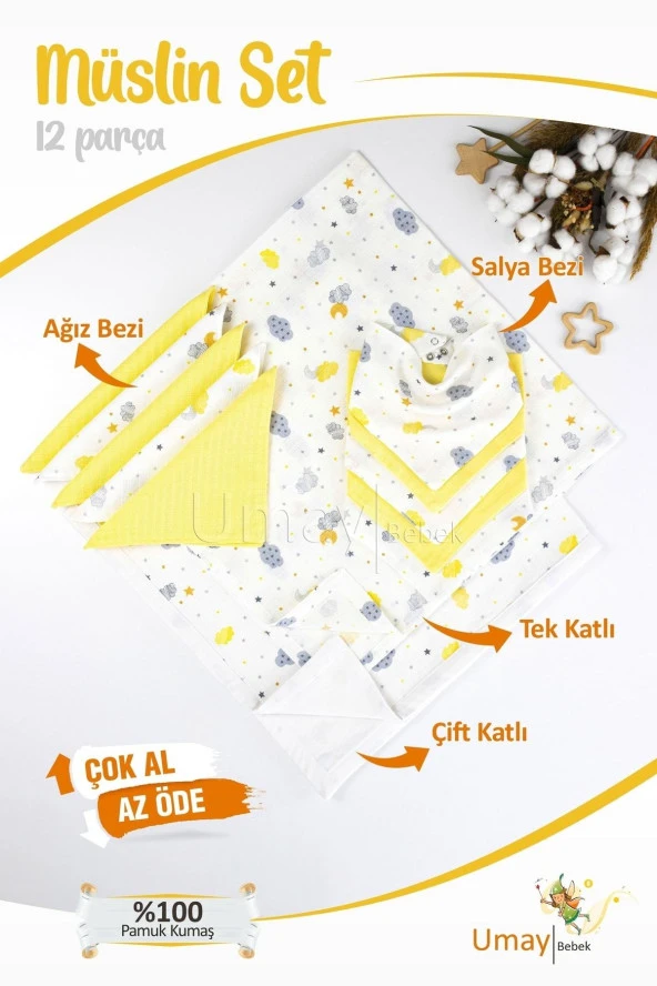 Umaybebek 12 Parça Organik Müslin Bebek Pikesi, Battaniyesi, Ağız Bezi, Salya Bezi, Önlük-Sarı Bulut ürün görseli 1