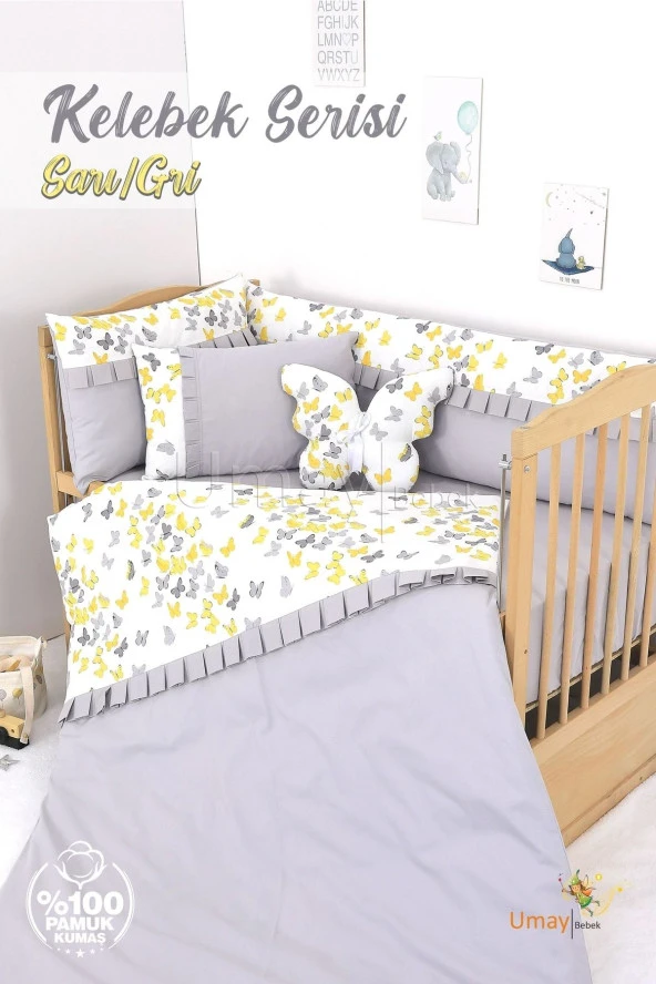 Umaybebek 70x110, Bebek Nevresim Takımı, Dolgu Korumalık, Düz Çarşaf - %100 Pamuk-Sarı/Gri Kelebek ürün görseli 1