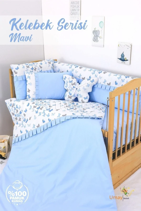 Umaybebek 70x110, Bebek Nevresim Takımı, Dolgu Korumalık, Düz Çarşaf - %100 Pamuk-Mavi Kelebek ürün görseli 1