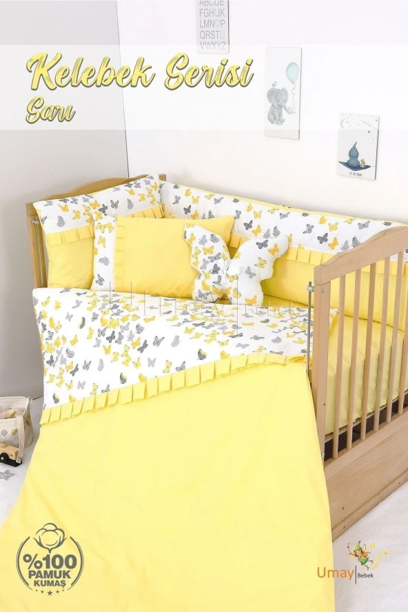 Umaybebek 70x110, Bebek Nevresim Takımı, Dolgu Korumalık, Düz Çarşaf - %100 Pamuk-Sarı Kelebek ürün görseli 1