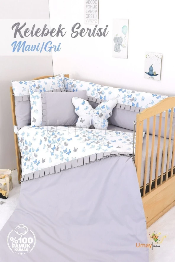 Umaybebek 60x120, Bebek Nevresim Takımı, Dolgu Korumalık, Düz Çarşaf - %100 Pamuk-Mavi/Gri Kelebek ürün görseli 1