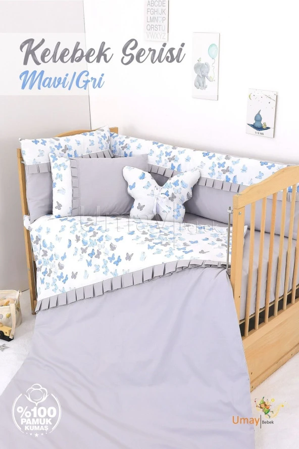 Umaybebek 70x110 Bebek Nevresim Takımı, Dolgu Korumalık, Düz Çarşaf - %100 Pamuk-Mavi Gri Kelebek ürün görseli 1