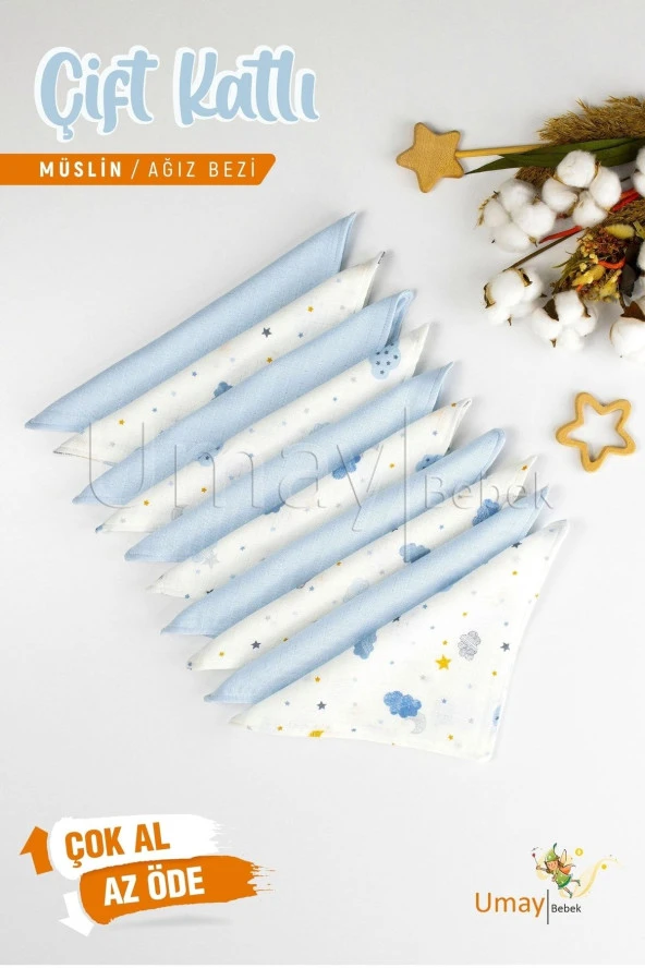 Umaybebek 10'lu Müslin Ağız Bezi Mendili 25x25cm-Mavi Bulut ürün görseli 1