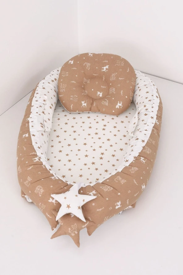 Umaybebek Babynest, Bebek Uyku Yatağı 0-2 Yaş - Kedi Desen-Kahve Yıldız Kedi ürün görseli 1
