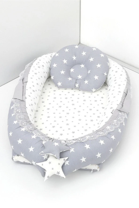 Umaybebek Babynest, Bebek Uyku Yatağı 0-2 Yaş - %100 Pamuk-Açık Gri Yıldız ürün görseli 1