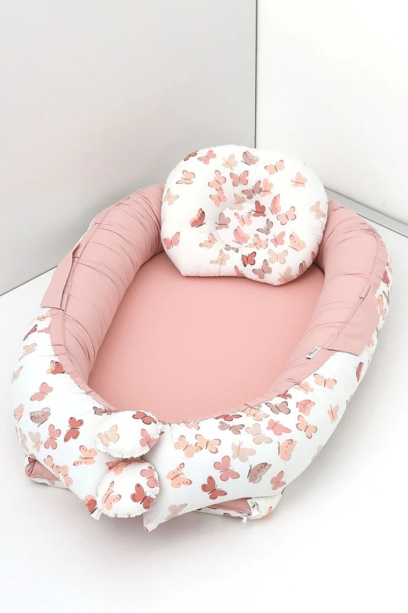 Umaybebek Babynest, Bebek Uyku Yatağı 0-2 Yaş - %100 Pamuk-Pembe Kelebek ürün görseli 1