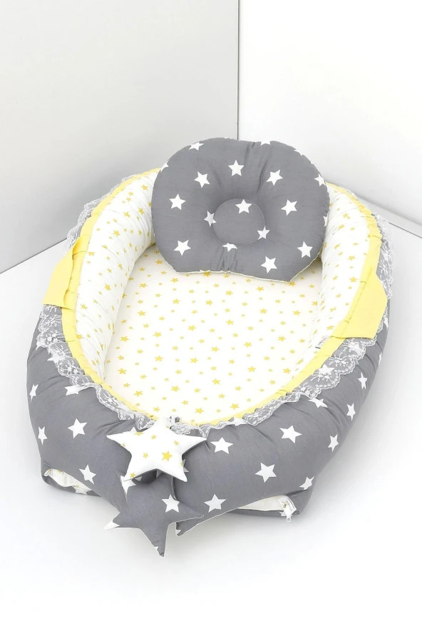 Umaybebek Babynest, Bebek Uyku Yatağı 0-2 Yaş - %100 Pamuk-Koyu Gri Sarı ürün görseli 1