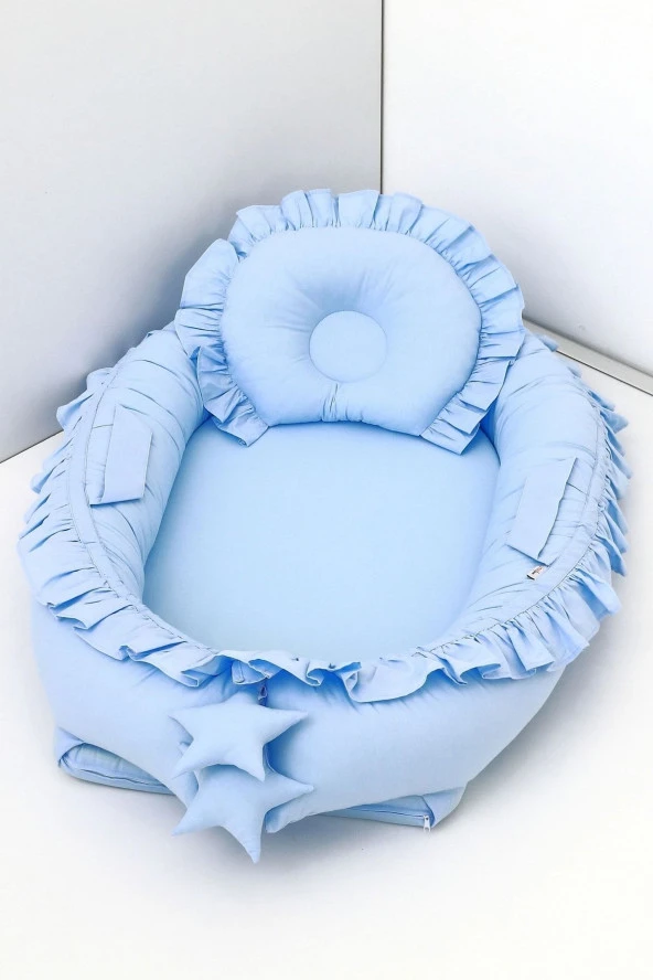 Umaybebek Babynest, Bebek Uyku Yatağı 0-2 Yaş - %100 Pamuk-Mavi Fırfırlı ürün görseli 1