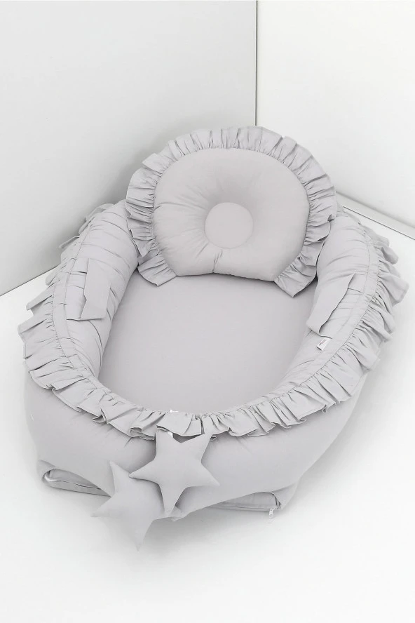 Umaybebek Babynest, Bebek Uyku Yatağı 0-2 Yaş - %100 Pamuk-Gri Fırfırlı ürün görseli 1