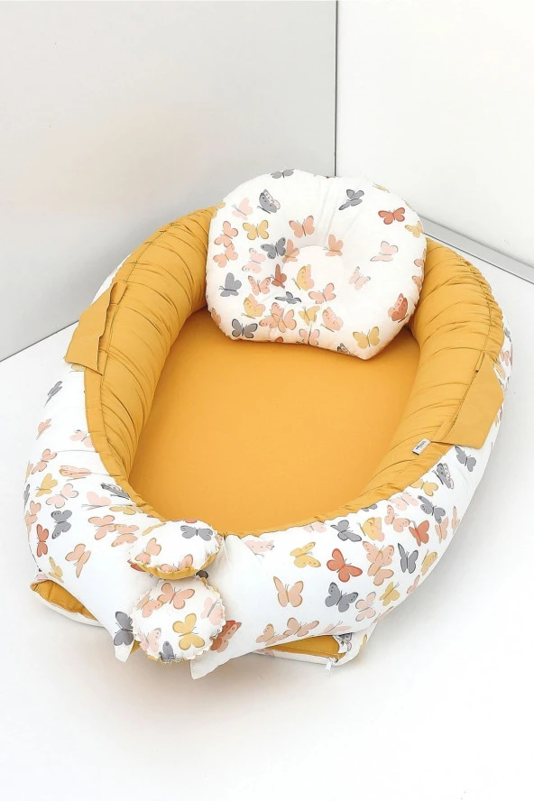 Umaybebek Babynest, Bebek Uyku Yatağı 0-2 Yaş - %100 Pamuk-Hardal Kelebek ürün görseli 1