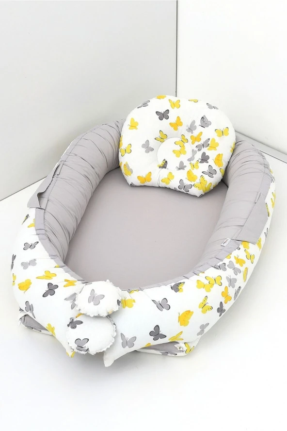 Umaybebek Babynest, Bebek Uyku Yatağı 0-2 Yaş - %100 Pamuk-Sarı/Gri Kelebek ürün görseli 1