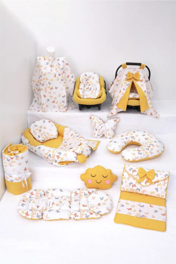 Umaybebek Babynest Puset Örtüsü Alt Açma Emzirme Yastığı Bel Destekli Ana Kucağı Bebek Arabası Minderi-tutmalı-Hardal Kelebek T ürün görseli 1