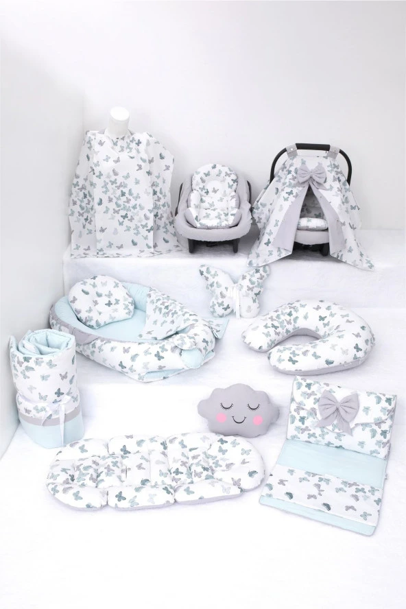 Umaybebek Babynest Puset Örtüsü Alt Açma Emzirme Yastığı Bel Destekli Ana Kucağı Bebek Arabası Minderi-tutmalı-Yeşil Kelebek T ürün görseli 1