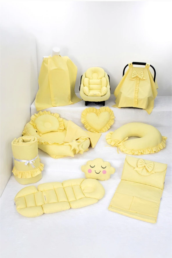 Umaybebek Babynest Puset Örtüsü Alt Açma Emzirme Yastığı Bel Destekli Ana Kucağı Bebek Arabası Minderi-tutmalı-Sarı Fırfırlı T ürün görseli 1