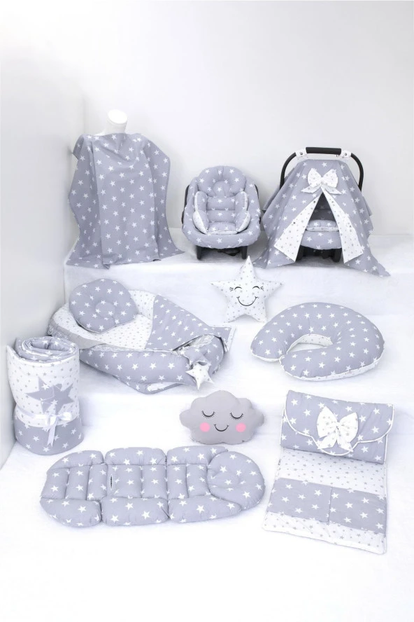 Umaybebek Babynest Puset Örtüsü Alt Açma Emzirme Yastığı Bel Destekli Ana Kucağı Bebek Arabası Minderi-tutmalı-Açık Gri Yıldız T ürün görseli 1