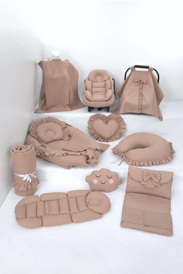Umaybebek Babynest Puset Örtüsü Alt Açma Emzirme Yastığı Bel Destekli Ana Kucağı Bebek Arabası Minderi-tutmalı-Kahve Fırfırlı T ürün görseli 1