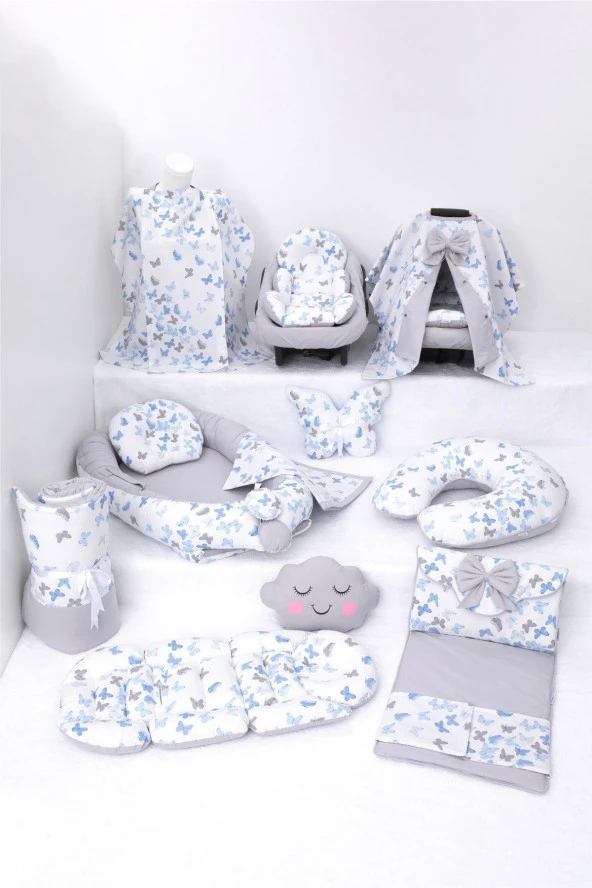 Umaybebek Babynest Puset Örtüsü Alt Açma Emzirme Yastığı Bel Destekli Ana Kucağı Bebek Arabası Minderi-panço-Mavi Kelebek P ürün görseli 1
