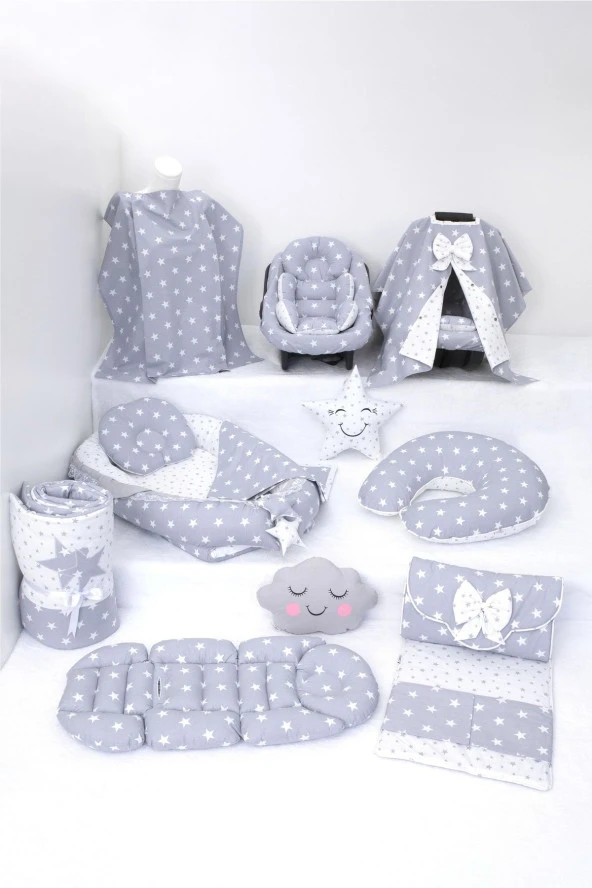 Umaybebek Babynest Puset Örtüsü Alt Açma Emzirme Yastığı Bel Destekli Ana Kucağı Bebek Arabası Minderi-panço-Açık Gri Yıldız P ürün görseli 1