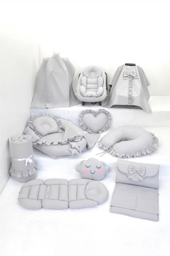 Umaybebek Babynest Puset Örtüsü Alt Açma Emzirme Yastığı Bel Destekli Ana Kucağı Bebek Arabası Minderi-panço-Gri Fırfırlı P ürün görseli 1