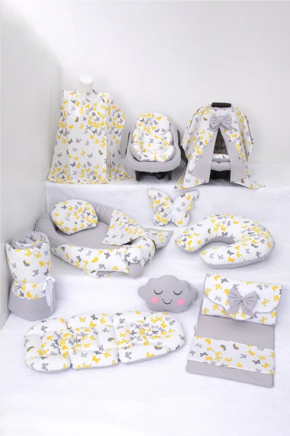 Umaybebek Babynest Puset Örtüsü Alt Açma Emzirme Yastığı Bel Destekli Ana Kucağı Bebek Arabası Minderi-panço-Sarı Gri Kelebek P ürün görseli 1
