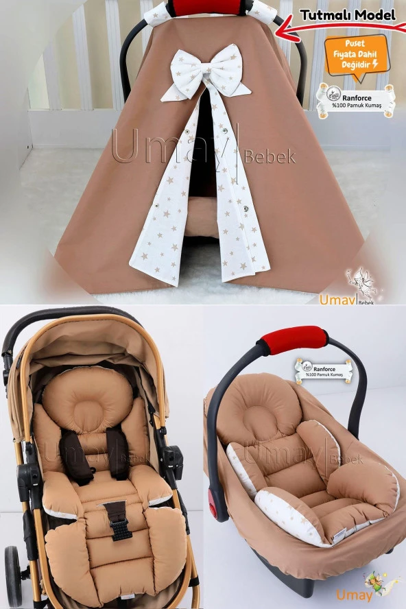 Umaybebek 4 Parça - Puset Örtüsü, Bel Destekli Bebek Arabası Minderi, Puset Minderi, Puset Çarşafı - Tutmalı-Kahve T ürün görseli 1