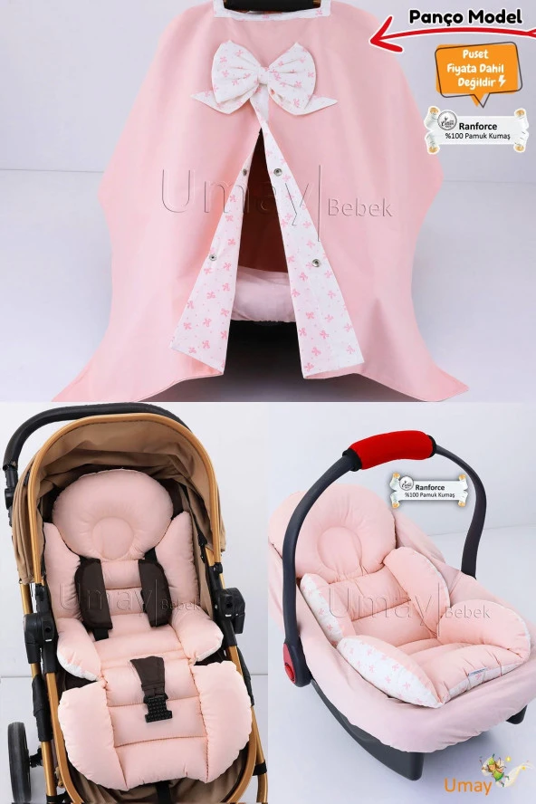 Umaybebek 4 Parça - Puset Örtüsü, Bel Destekli Bebek Arabası Minderi, Puset Minderi, Puset Çarşafı - Panço-Bebepembe P ürün görseli 1