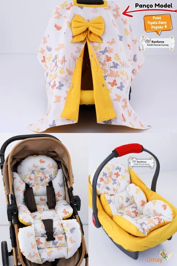 Umaybebek 4 Parça - Puset Örtüsü, Bel Destekli Bebek Arabası Minderi, Puset Minderi, Puset Çarşafı - Panço-Hardal Kelebek P ürün görseli 1
