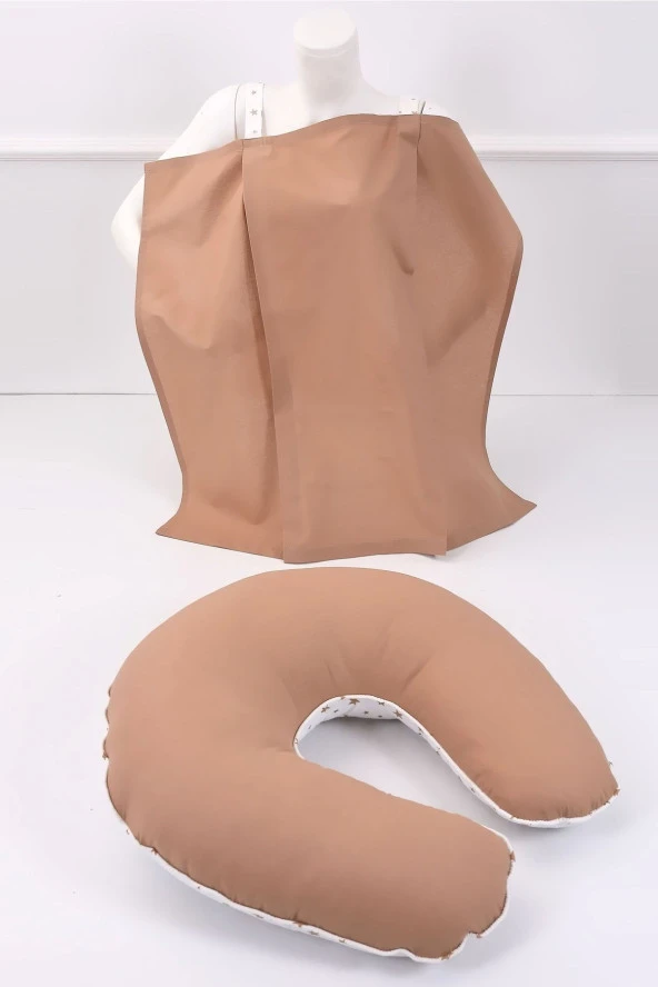 Umaybebek Emzirme Yastığı, Emzirme Önlüğü Set - %100 Pamuk - Kahve Yıldız- ürün görseli 1