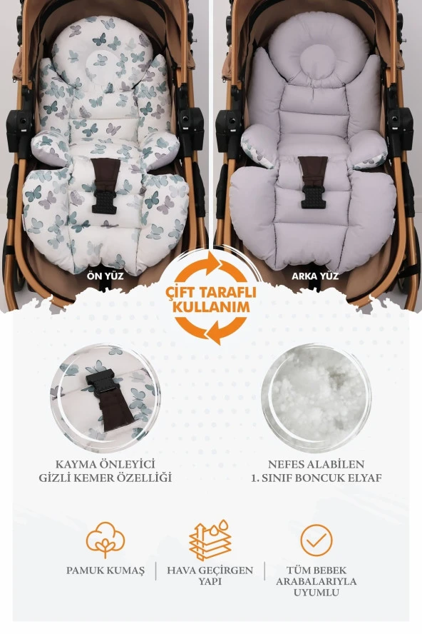 Umaybebek Ortopedik Bel Destekli Bebek Arabası Minderi, Pamuk Kumaş - Orijinal Ürün-Yeşil Kelebek ürün görseli 1