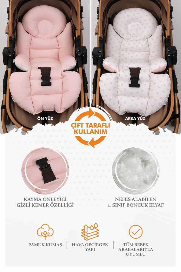 Umaybebek Ortopedik Bel Destekli Bebek Arabası Minderi, Pamuk Kumaş - Orijinal Ürün-Pembe ürün görseli 1