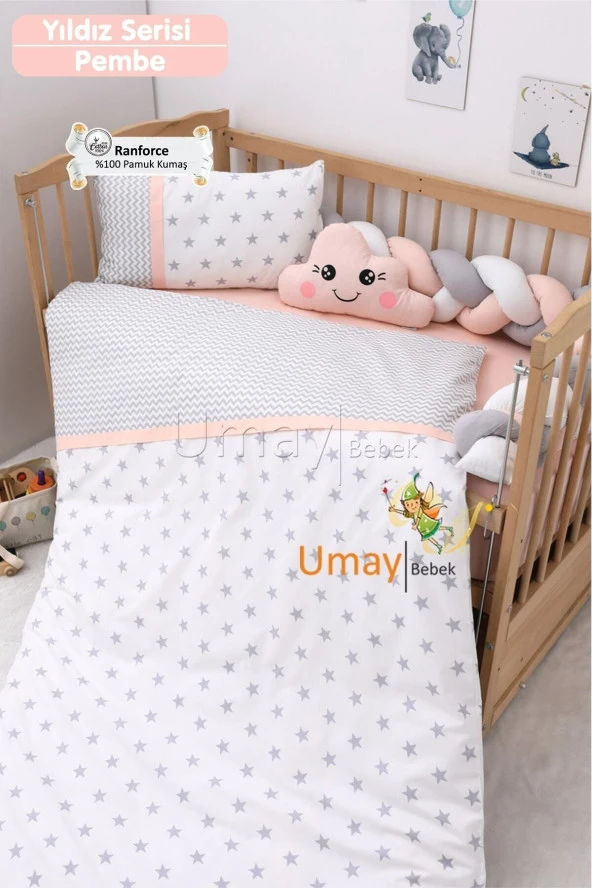 Umaybebek Bebek Nevresim Takımı, Örgü Korumalık, Çarşaf - %100 Pamuk-Pembe Yıldızlı ürün görseli 1