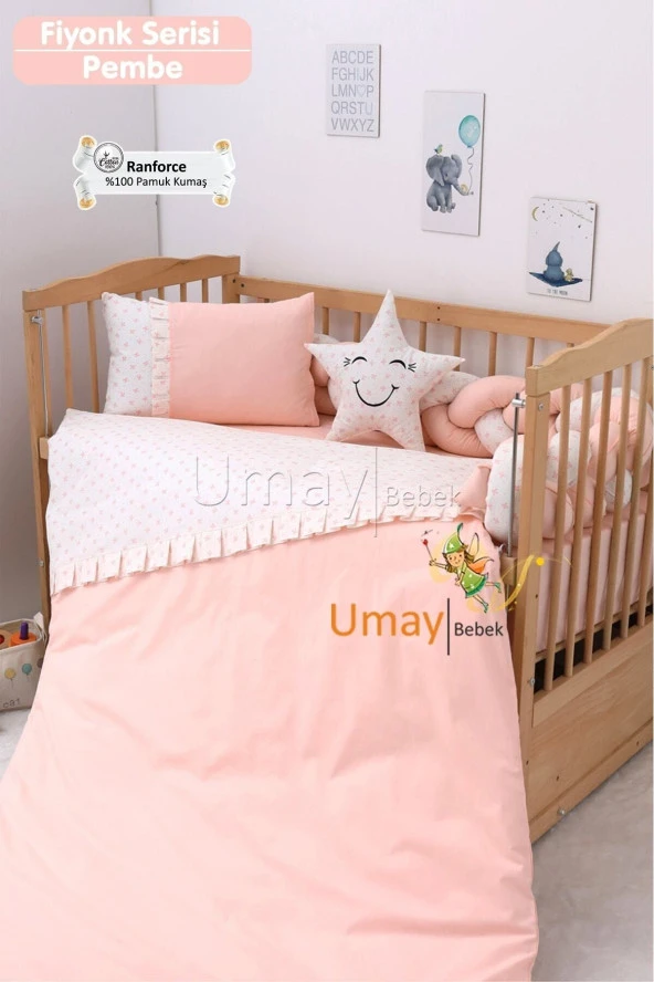 Umaybebek Bebek Nevresim Takımı, Örgü Korumalık, Çarşaf - %100 Pamuk-Pembe Fiyonklu ürün görseli 1