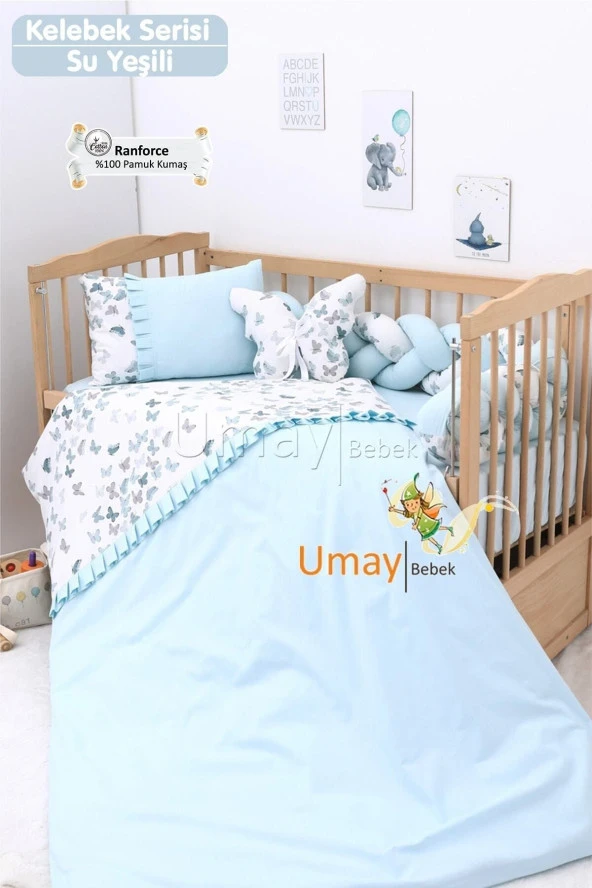 Umaybebek Bebek Nevresim Takımı, Örgü Korumalık, Çarşaf - %100 Pamuk-Yeşil Kelebekli ürün görseli 1