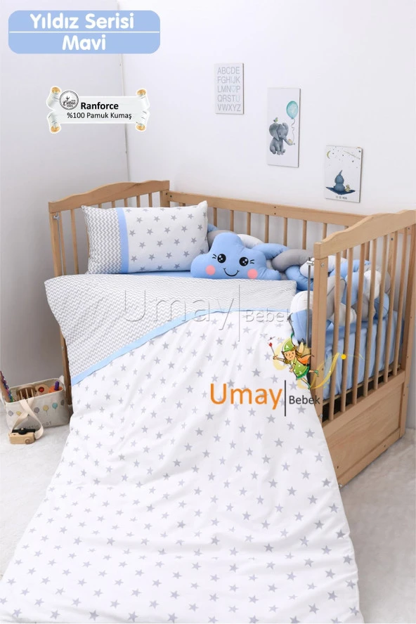 Umaybebek Bebek Nevresim Takımı, Örgü Korumalık, Çarşaf - %100 Pamuk-Mavi Yıldızlı ürün görseli 1