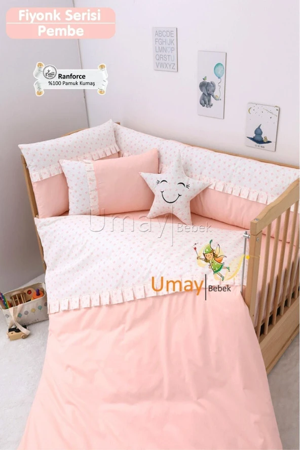 Umaybebek 70x110, Bebek Nevresim Takımı, Dolgu Korumalık, Düz Çarşaf - %100 Pamuk-Bebe Pembe ürün görseli 1