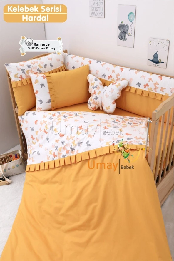 Umaybebek 70x130, Bebek Nevresim Takımı, Dolgu Korumalık, Düz Çarşaf - %100 Pamuk-Hardal Kelebek ürün görseli 1