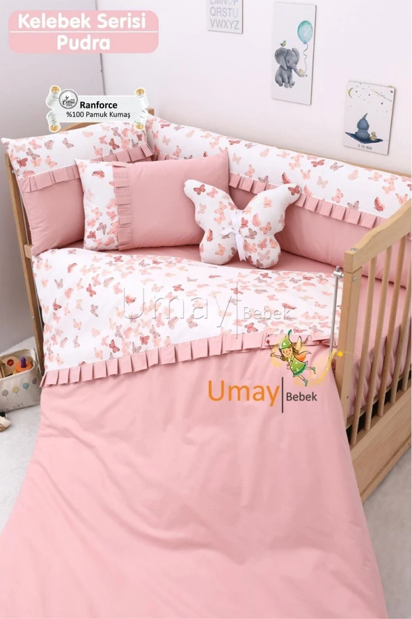 Umaybebek 70x130, Bebek Nevresim Takımı, Dolgu Korumalık, Düz Çarşaf - %100 Pamuk-Pudra Kelebek ürün görseli 1