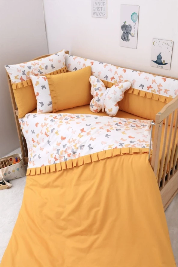Umaybebek 70x110, Bebek Nevresim Takımı, Dolgu Korumalık, Düz Çarşaf - %100 Pamuk-Hardal Kelebek ürün görseli 1