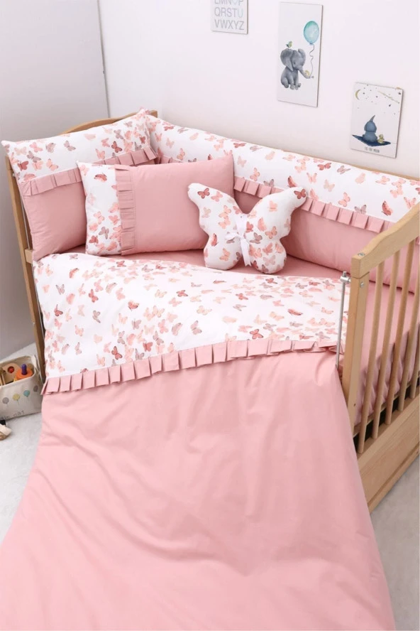 Umaybebek 70x110, Bebek Nevresim Takımı, Dolgu Korumalık, Düz Çarşaf - %100 Pamuk-Pudra Kelebek ürün görseli 1