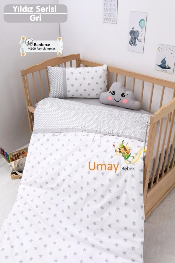 Umaybebek Bebek Nevresim Takımı, Çarşaf - %100 Pamuk-Gri Yıldız ürün görseli 1