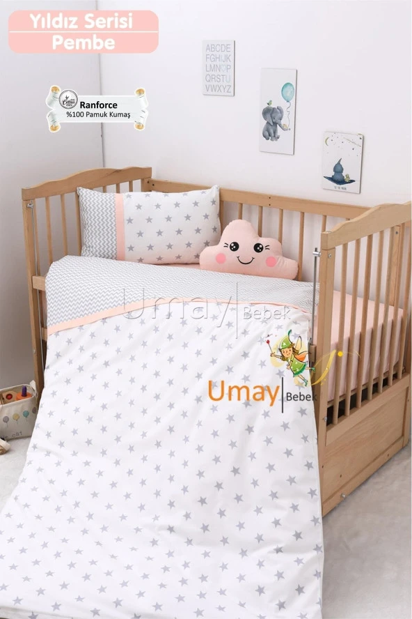 Umaybebek Bebek Nevresim Takımı, Çarşaf - %100 Pamuk-Pembe Yıldız ürün görseli 1
